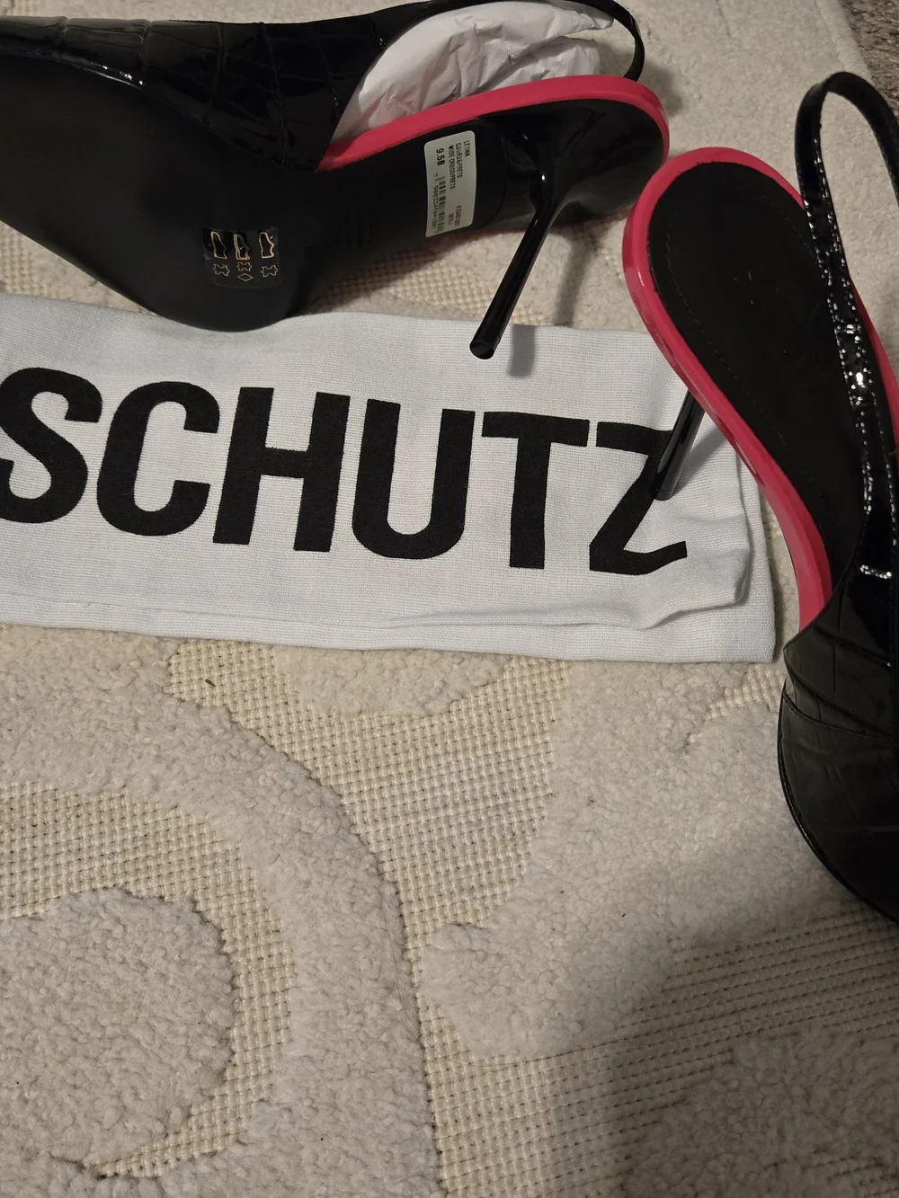 SCHUTZ Black Patent High Heel Sandals with Pink Accent